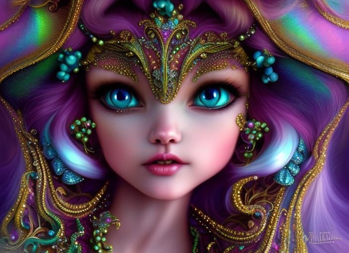 Hyperdetailed Pearlescent Filigree Portrait in Iridescent Hu...