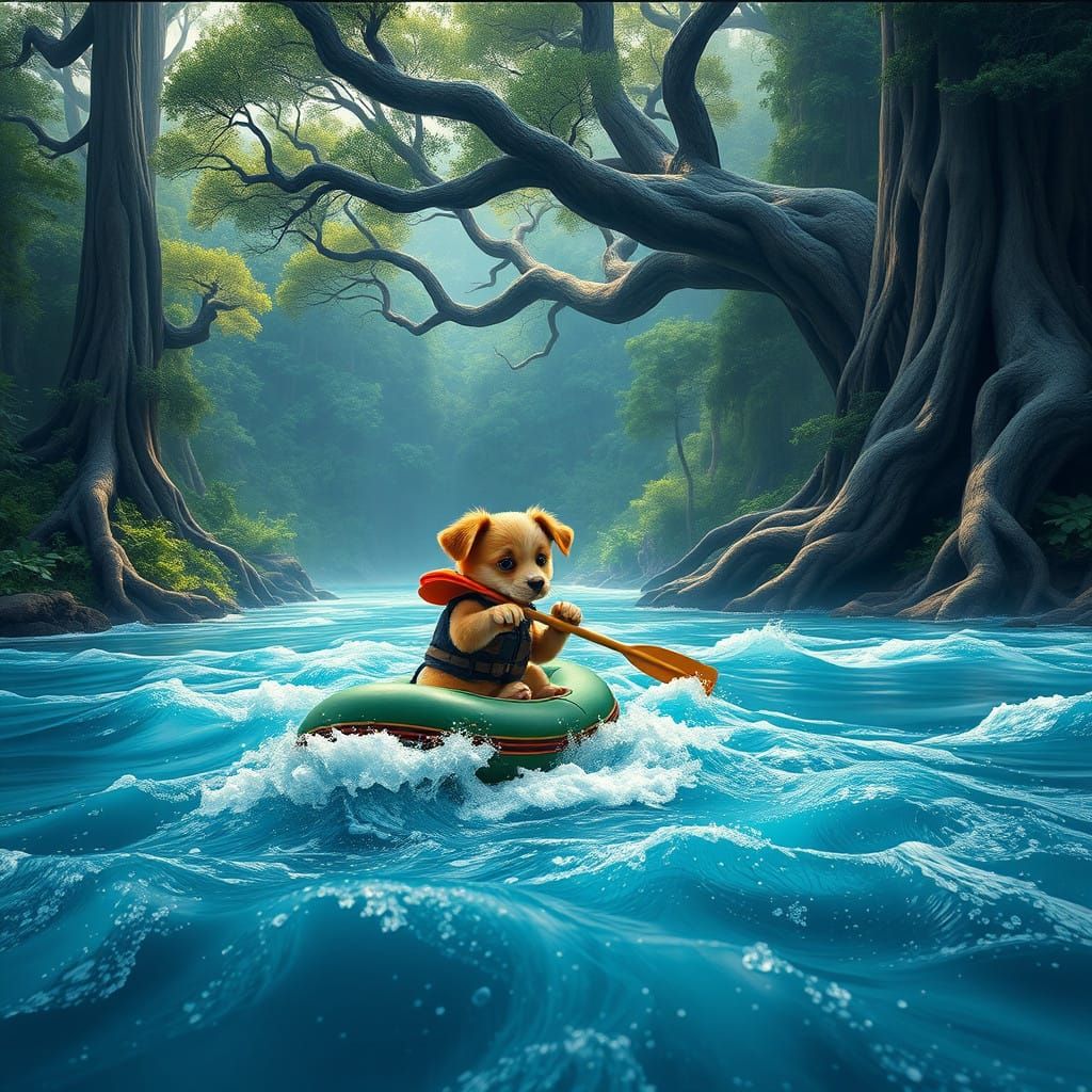 Surreal Puppy Paddles Down Turquoise River in Dreamlike Envi...