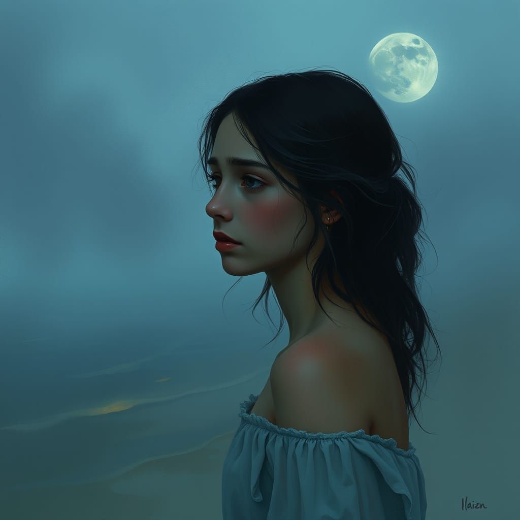 Melancholic Woman Stands Alone on Misty Beach in Emotional P...