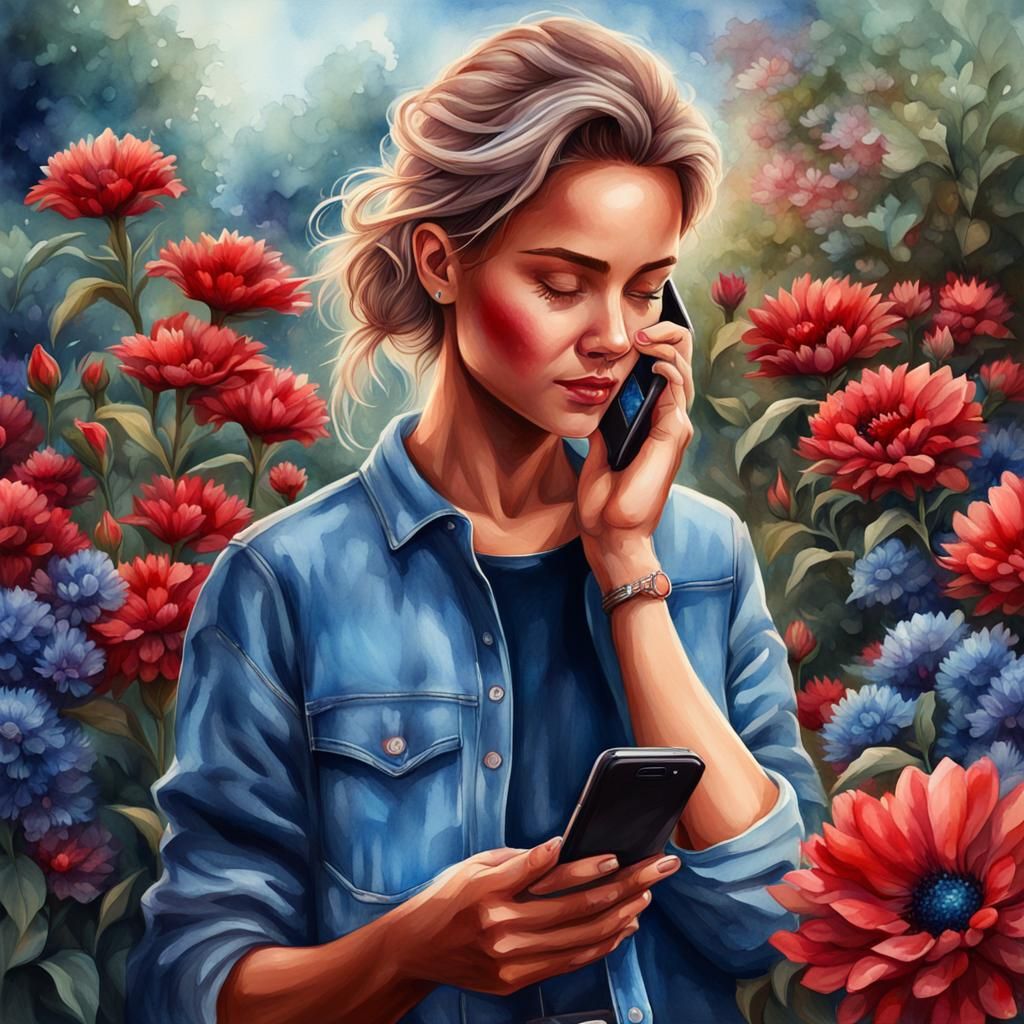 Beautiful Woman with Phone in Garden, Watercolor Art