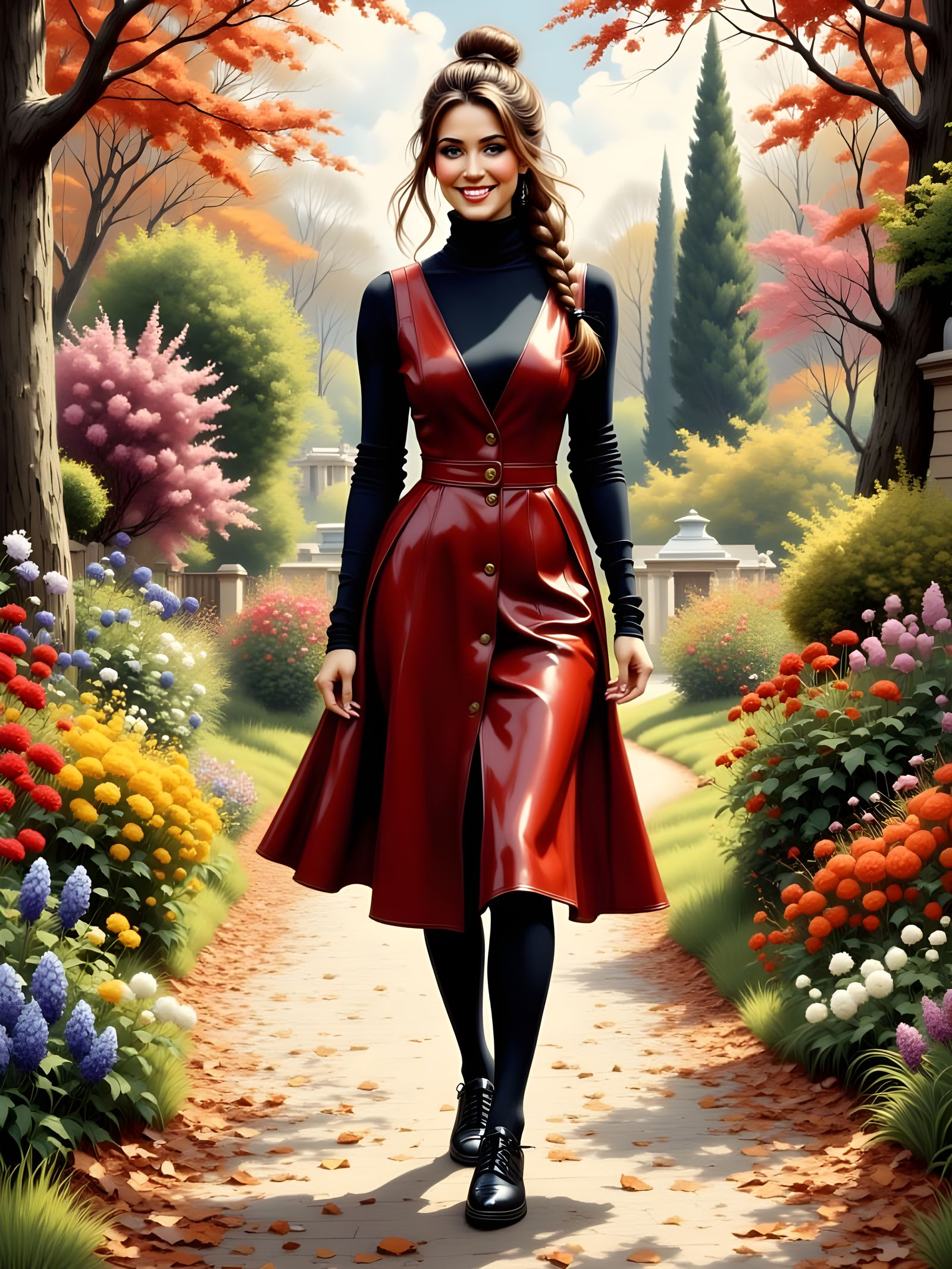 Brunette in Red Dress, Art Nouveau Landscape