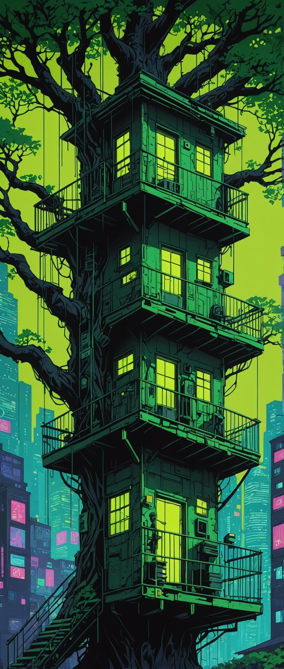 Cyberpunk Treehouse Silhouette in Neo-Impressionist Style