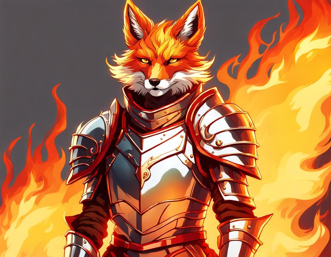 Fiery Fox Knight in Chrome Armor on Precipice