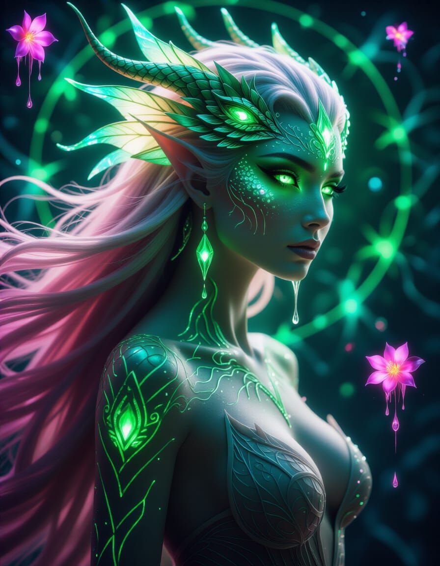 Ethereal Dragon Goddess Portrait in Neon Light
