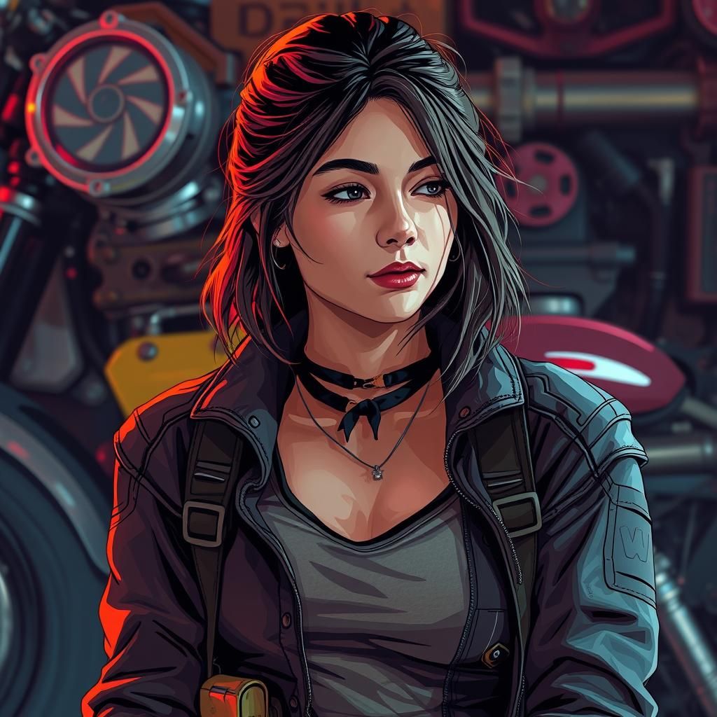 Woman in Moto Gear with Futuristic Glow