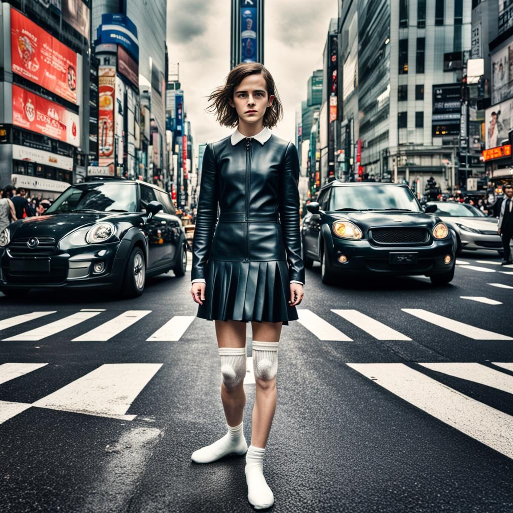 Hyperrealistic Emma Watson at Shibuya Crossing