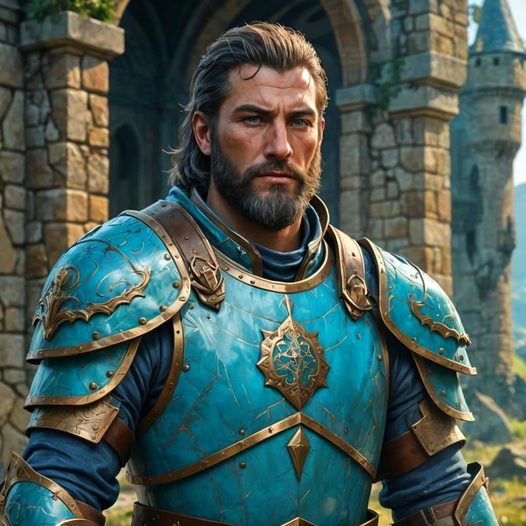 Paladin in Blue Armor with Castle Backdrop