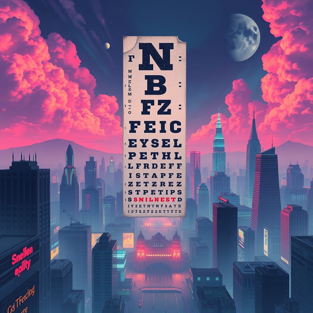 Retro-Futuristic Snellen Chart Unfolds Across a Dreamlike Me...