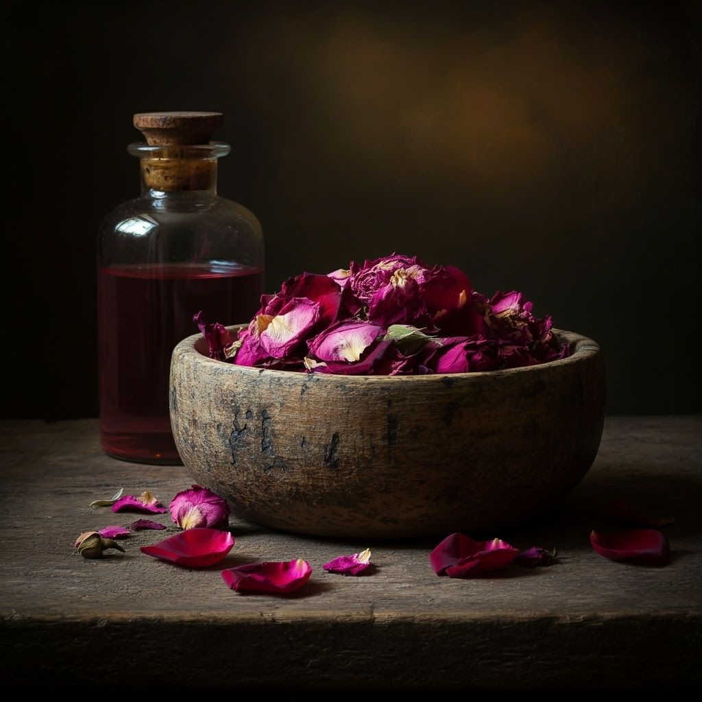 Dutch Masters Still Life of Rose Petals in Wooden Bowl