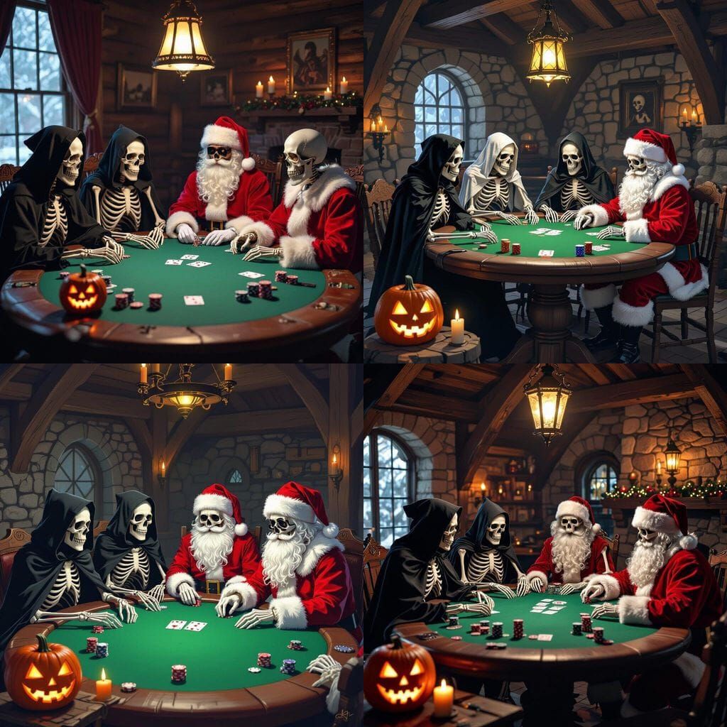 Four skeletons and Santa Claus