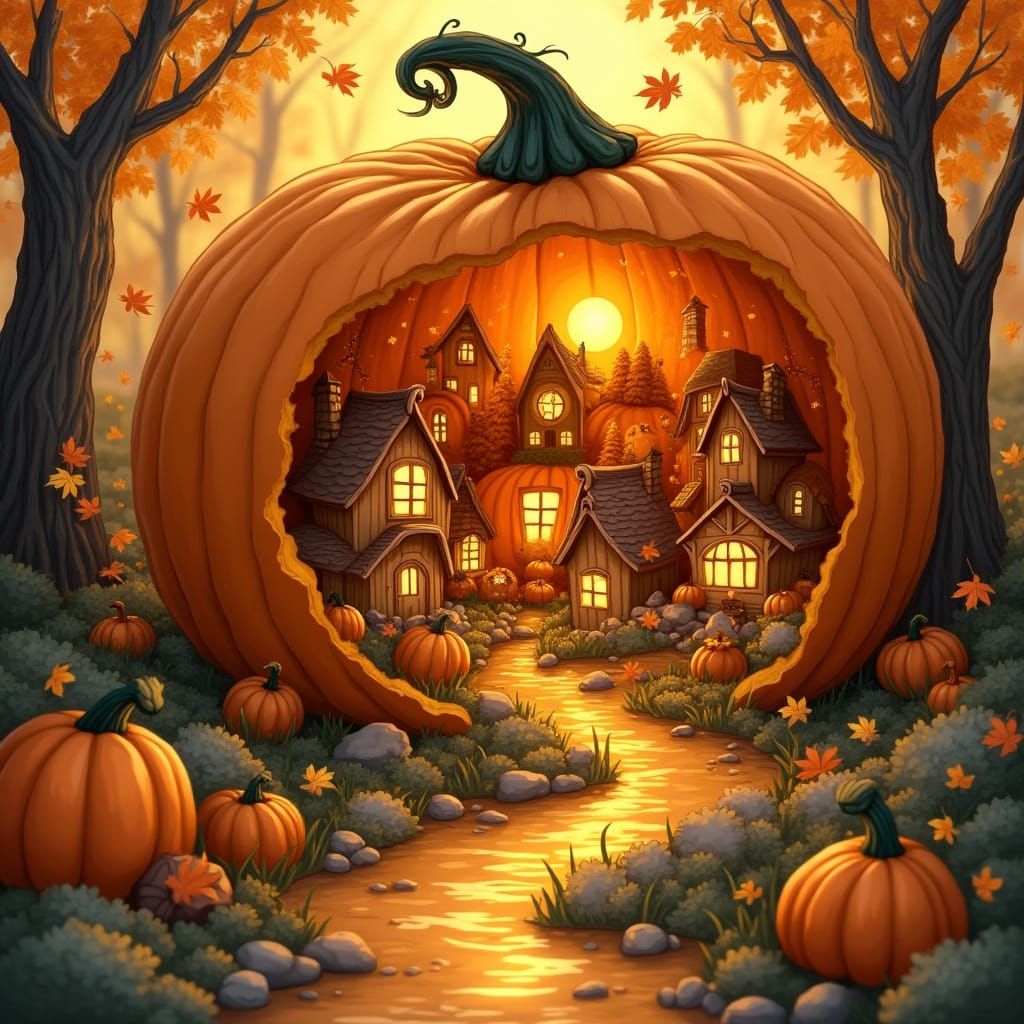Cozy Miniature Autumn Village Inside Pumpkin