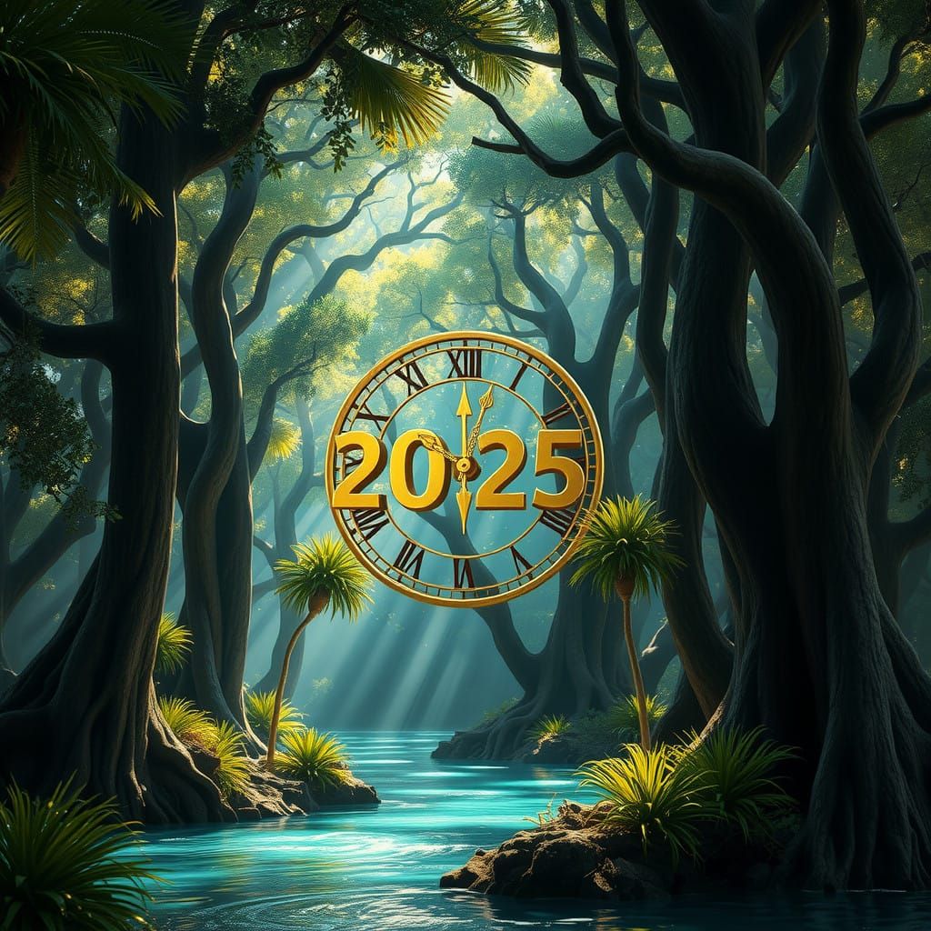 Majestic Hyperrealistic Forest Clock Striking New Year