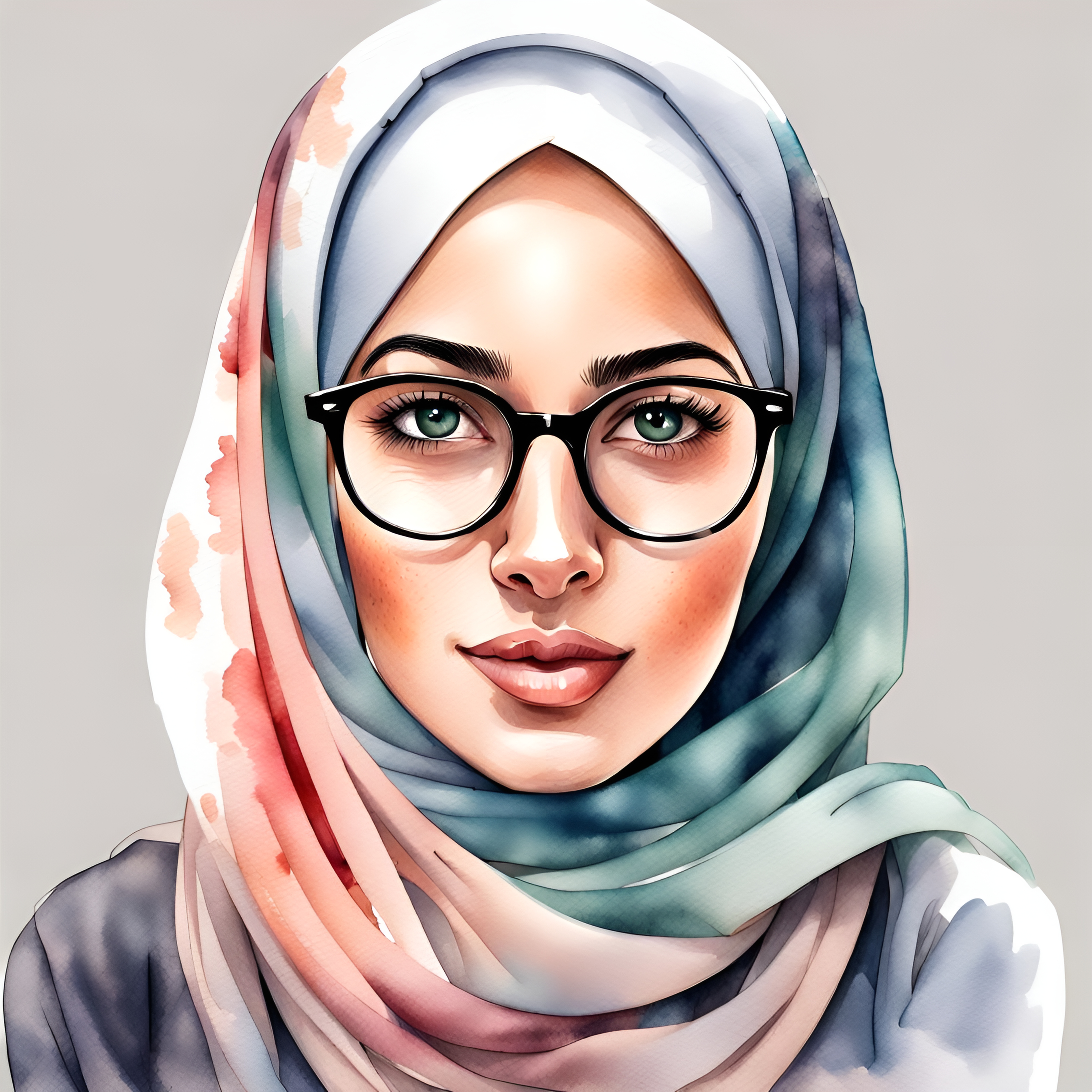 Beautiful Modest Hijab Woman Portrait in Watercolor