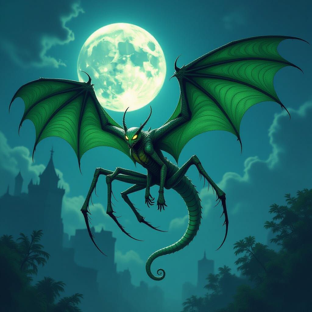 Emerald Serpent Hybrid with Spider Legs and Bat Wings in Fli...