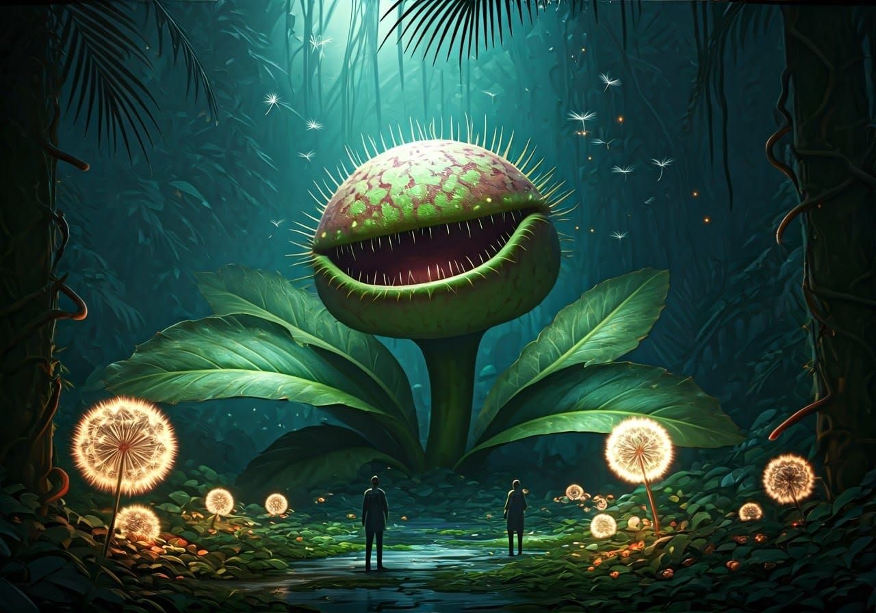 Giant Carnivorous Plant in a Magical Botanical Garden