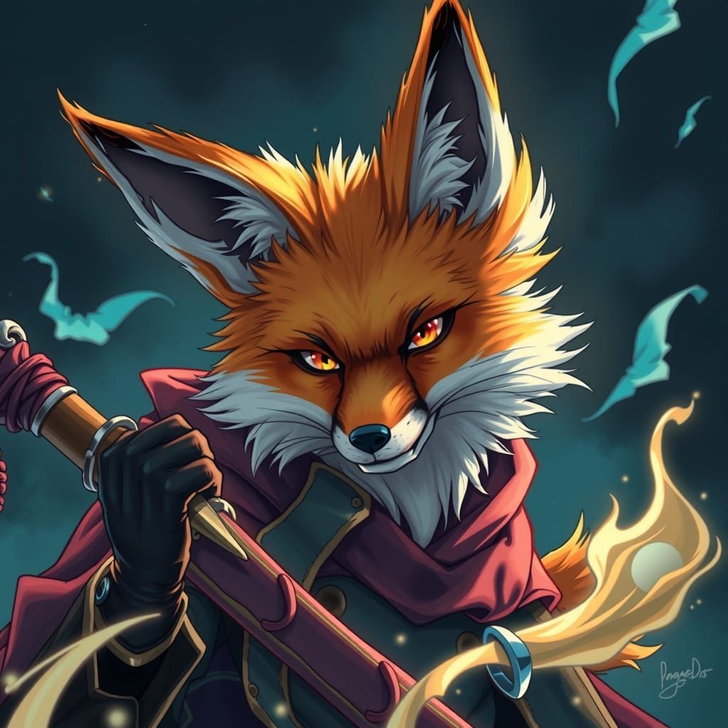 Photorealistic Manga Fox Sorcerer in Cel-Shaded Style