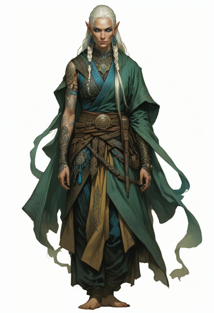 Tattooed Pale Elf in Mongol Attire: Fantasy Illustration