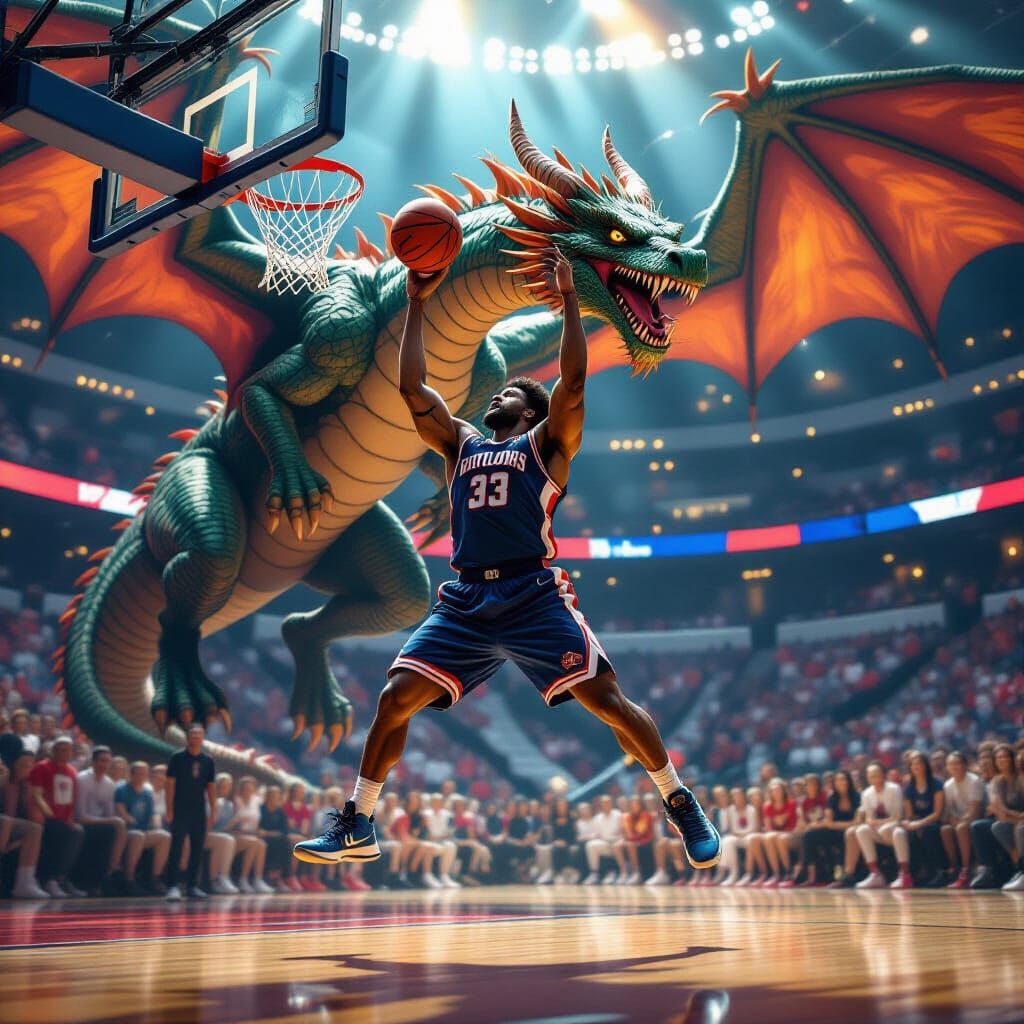 Man Dunks on Dragon in Fantasy Basketball Arena