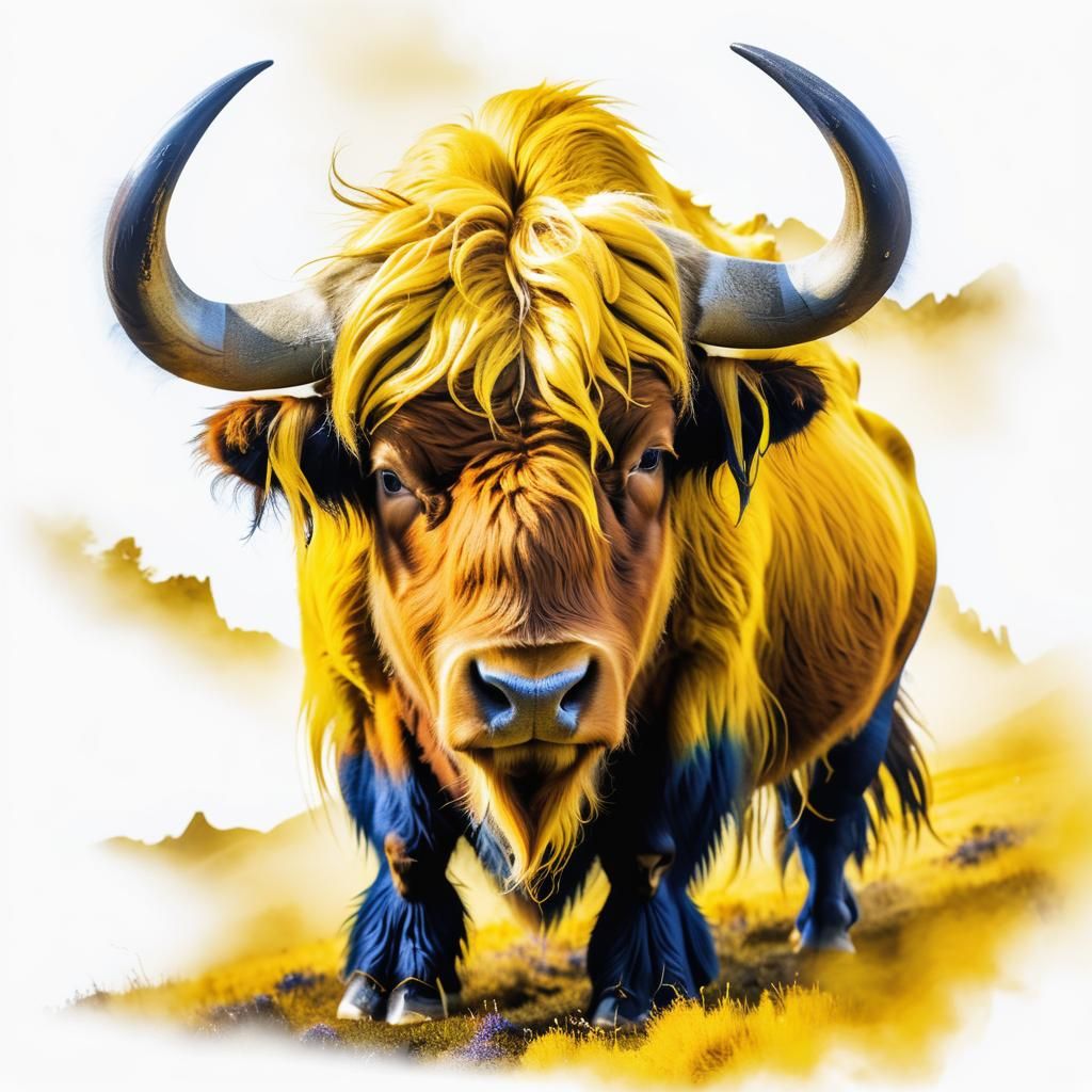 Dramatic Yak Double Exposure in Yellow and Indigo