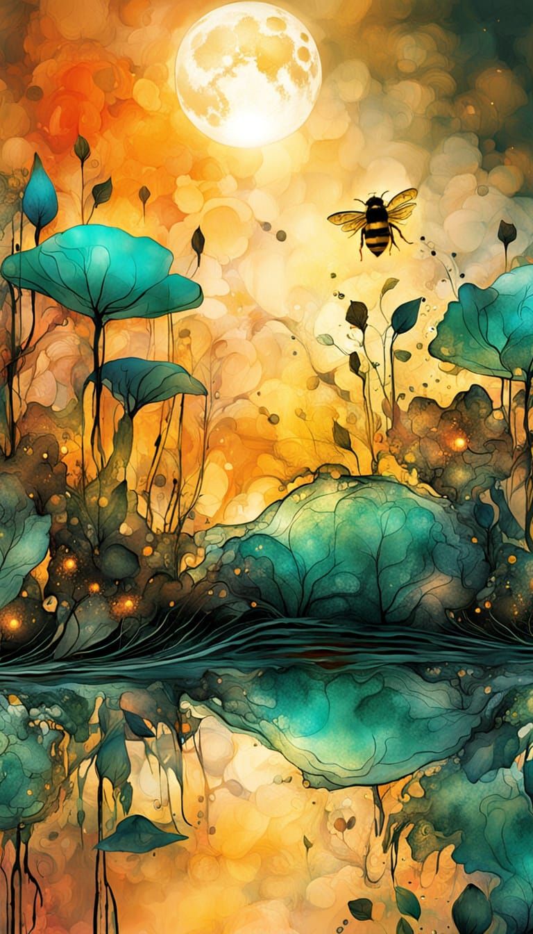 Sleepy Bumble Bee in Surreal Sunset Double Exposure