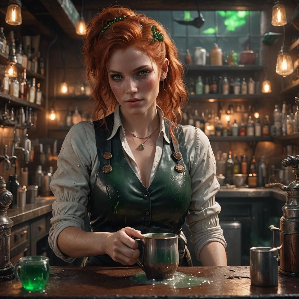 Red-Haired Bartender with Emerald Eyes, Detailed Matte Paint...