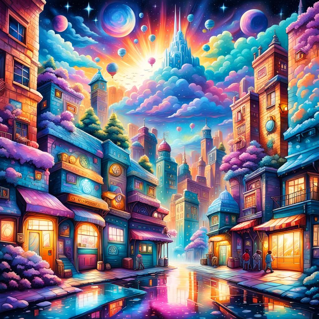 Colorful Cityscape Under Astral Night Sky