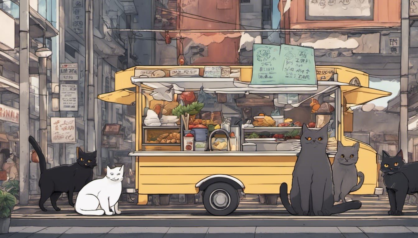 Cats Running a Tokyo Food Truck in Anime Style