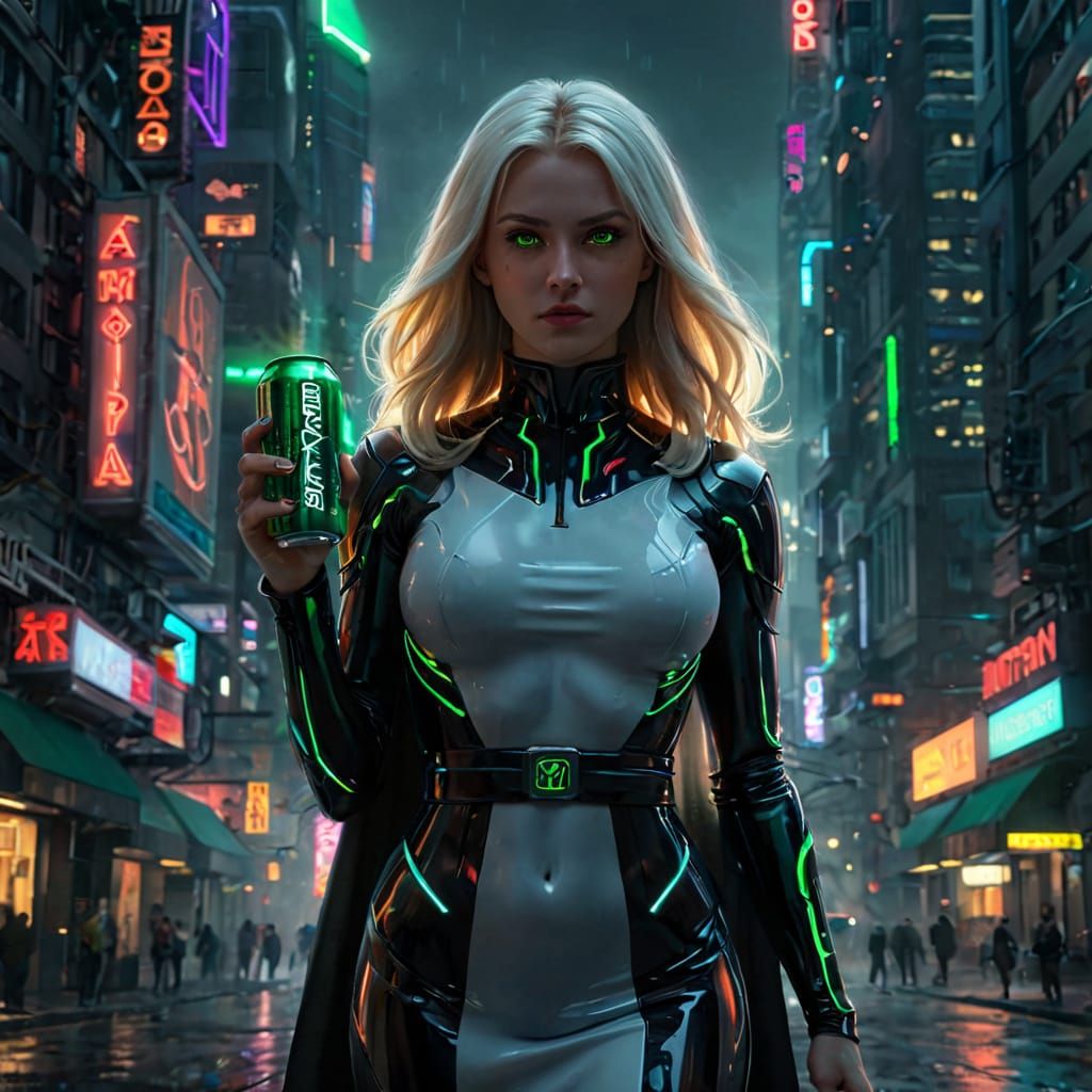 Cyberpunk Spokeswoman in Futuristic Cityscape with Neon Ligh...