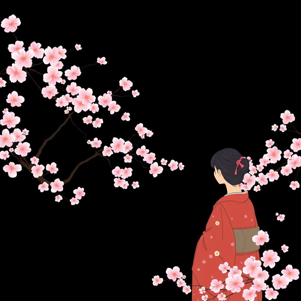 Japanese Woman Admiring Cherry Tree in Graphic Style