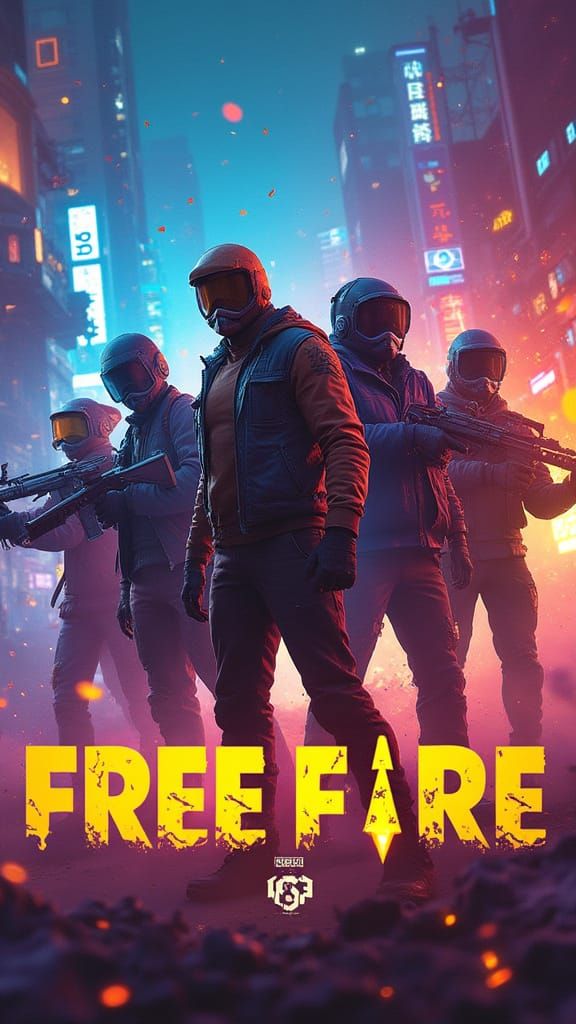 Epic Free Fire Battle Scene in Neon-Lit Cityscape