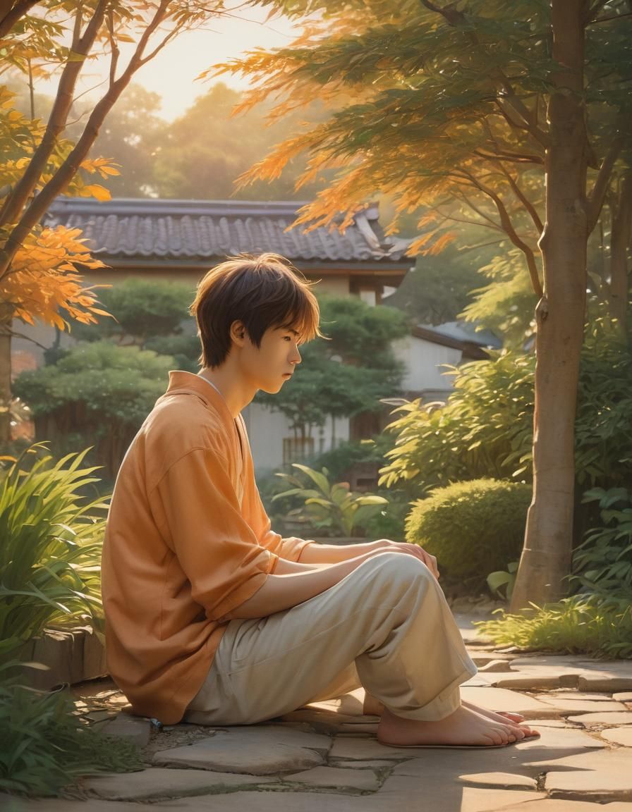 Contemplative Anime Portrait at Sunset in Watercolor Style