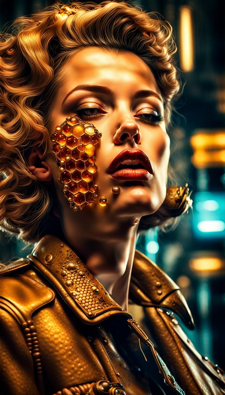 A 1940s cyberpunk glamour model covered in honey licking her lips  intricate details, HDR, beautifully shot, hyperrealis...