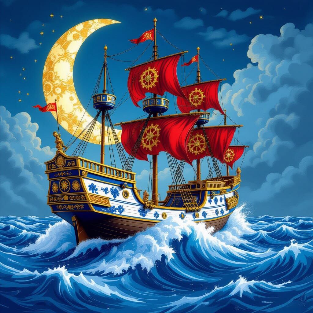 Delft China Galleon on Clay Sea Under Gear Moon