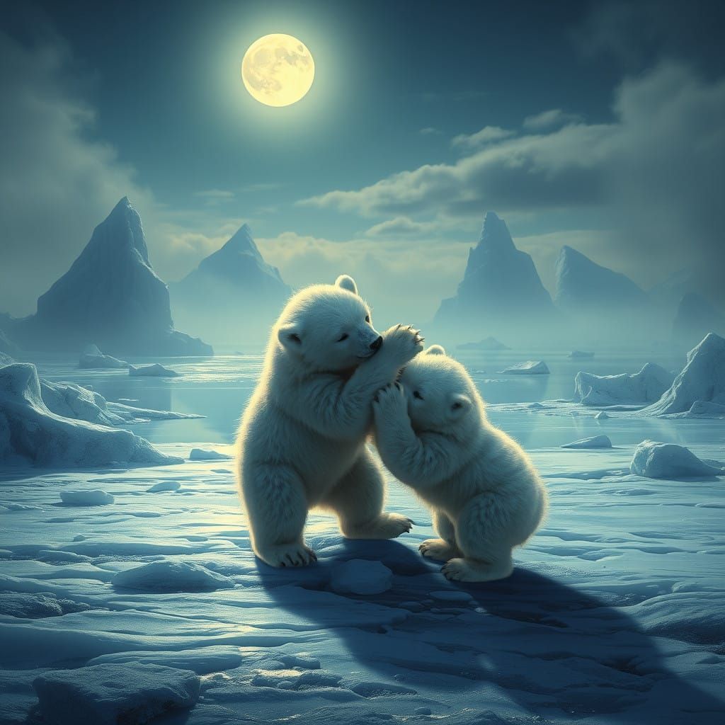 Mystical Polar Bear Cubs Wrestle in Moonlit Ice Age Landscap...