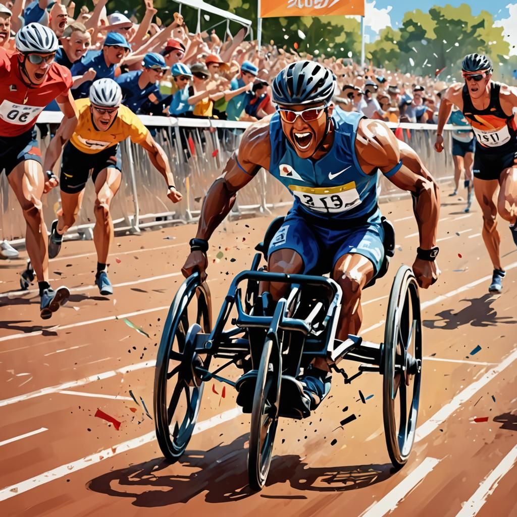 Para-Athlete Triumphs at Finish Line: Dynamic Digital Art