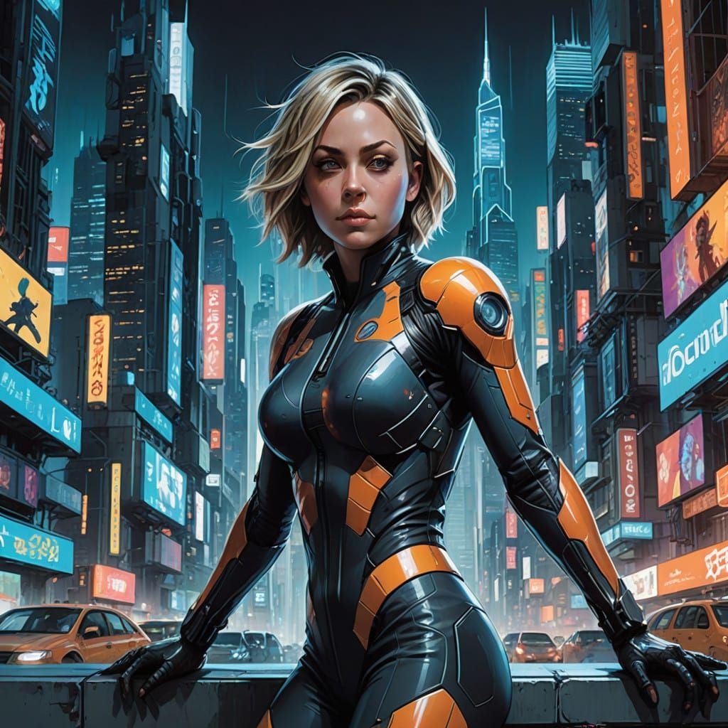Kaley Cuoco as Cyberpunk Tracer in Futuristic Cityscape