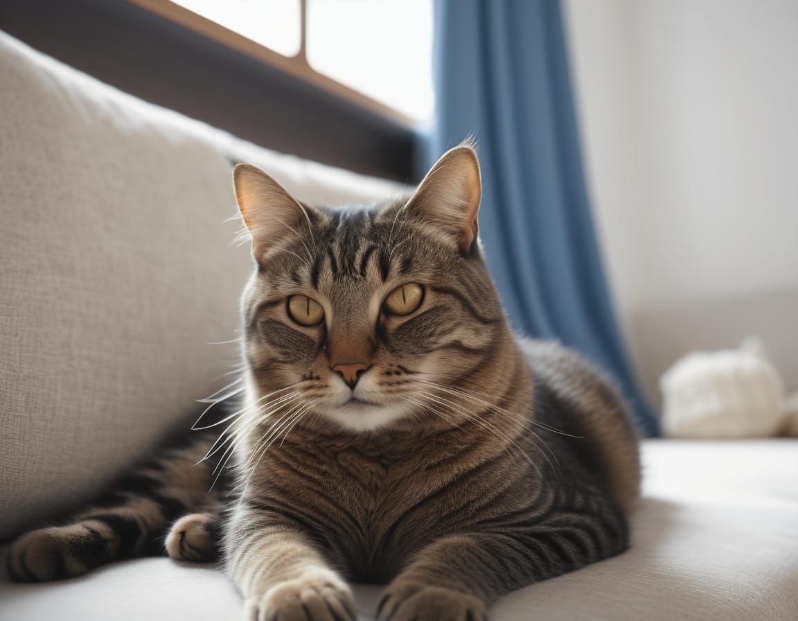 Realistic Cat Napping on Couch in Warm Light