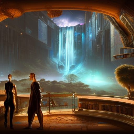 Cyberpunk Library Overlooking Sapphire Waterfall