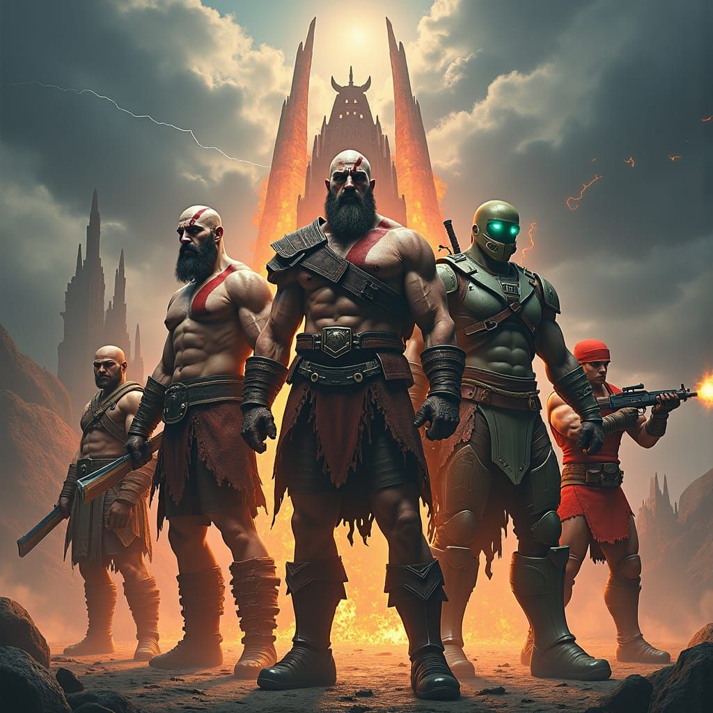 Epic Video Game Character Collage in Matte Painting Style