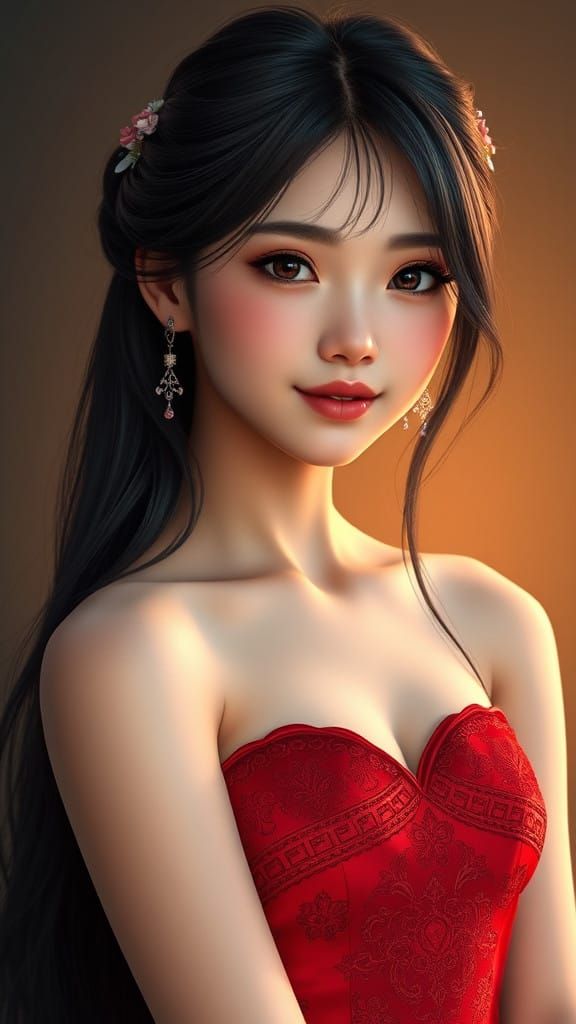 Beautiful Japanese Fantasy Goddess in Red Prom Dress