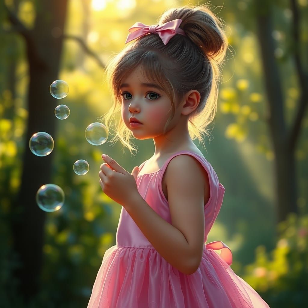 Girl Blowing Bubbles: Detailed Oil Painting