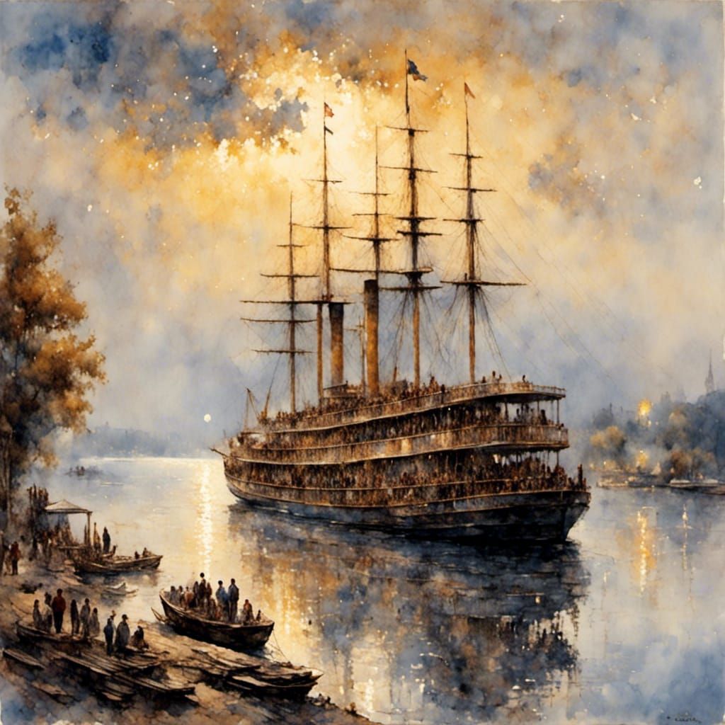 Steamboat on the Mississippi River in Pointillist Style