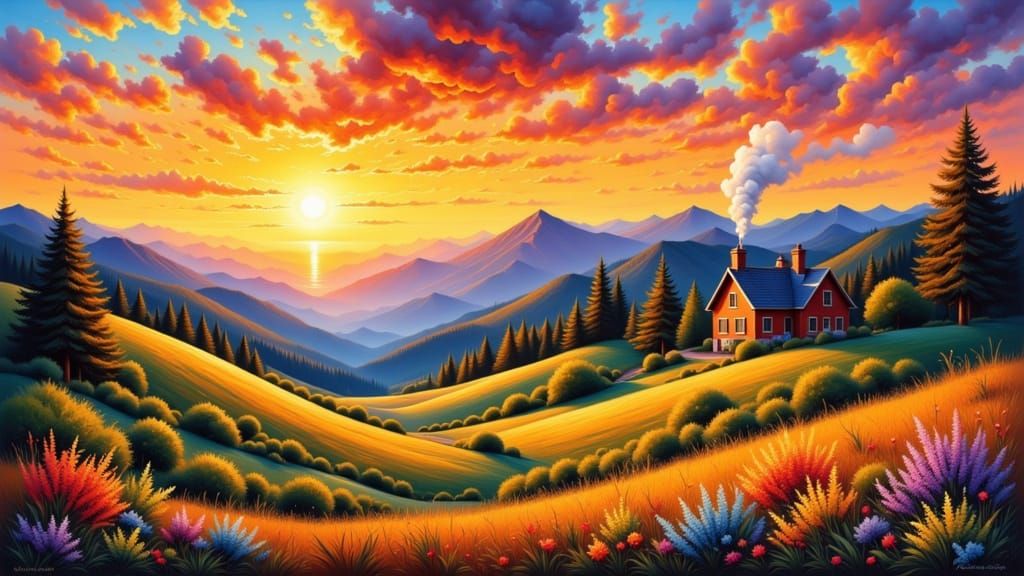 Golden Sunset Over Rolling Hills Cottage in Storybook Style
