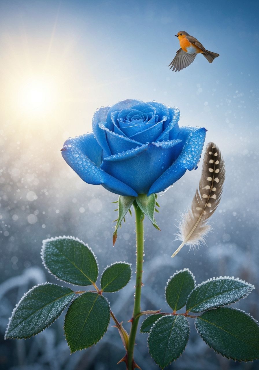Dew-Kissed Blue Rose with Feather and Robin in Morning Sun