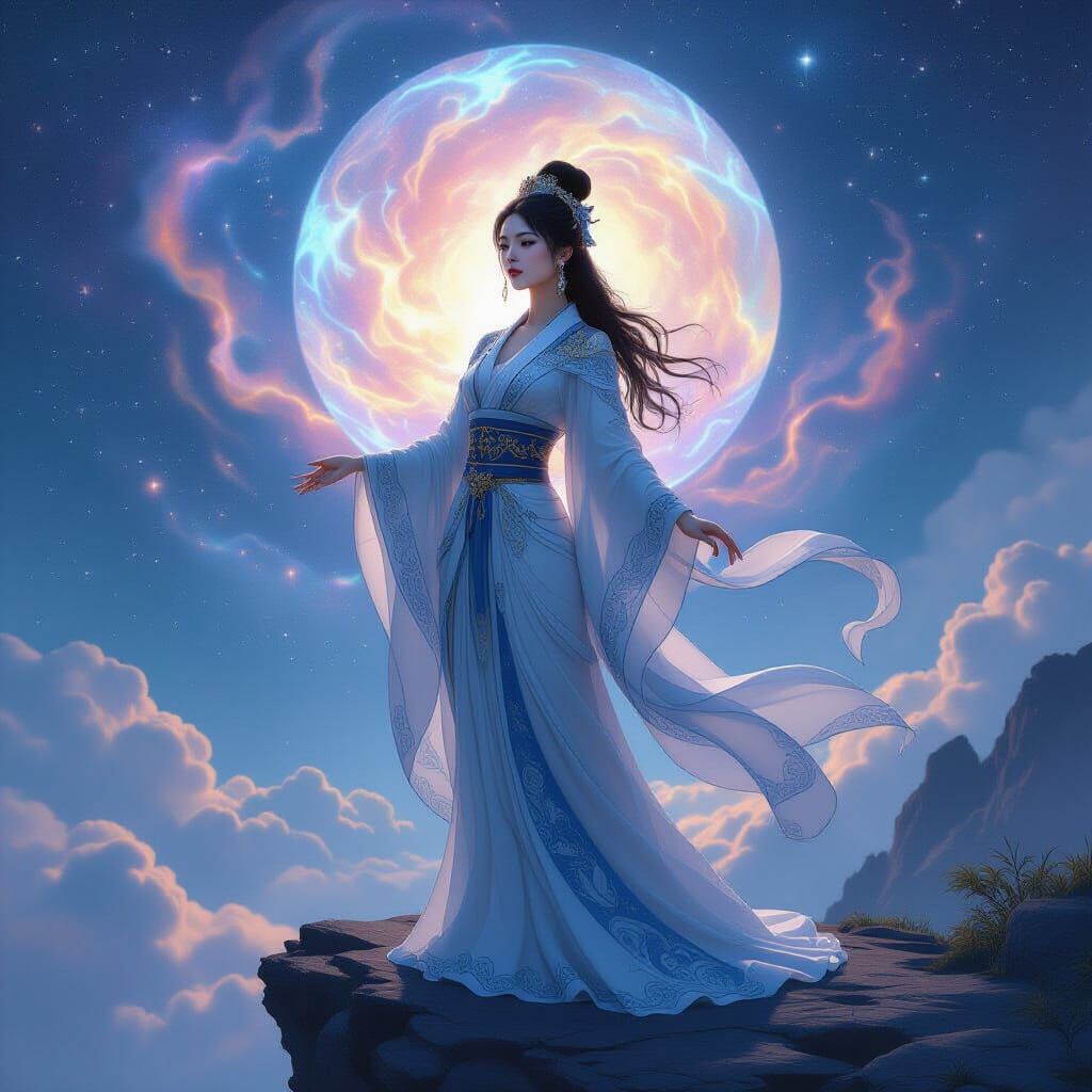 Ethereal Asian Woman Overlooks Cosmic Nebula