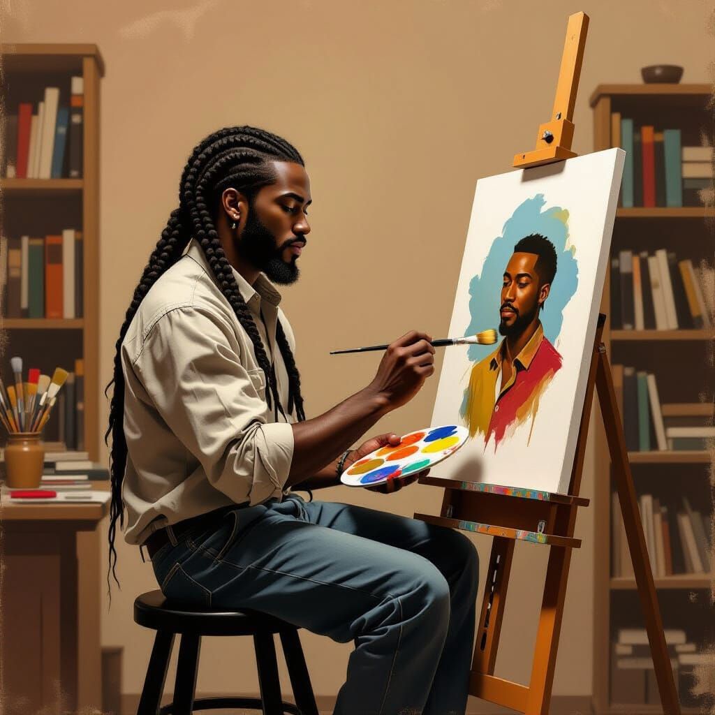 Artist with Braids Painting in Studio, Soft Dramatic Light