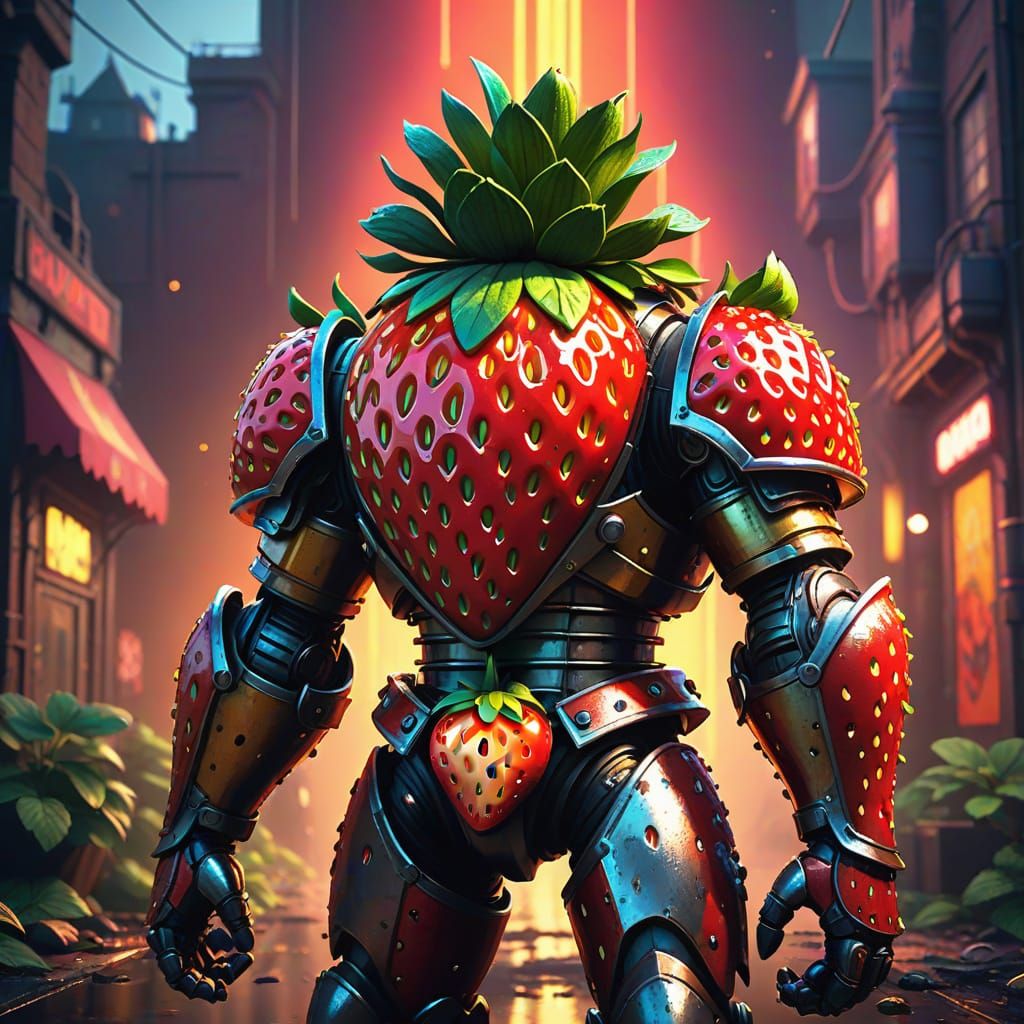 Majestic Strawberry Warrior in Vibrant Fantasy Landscape