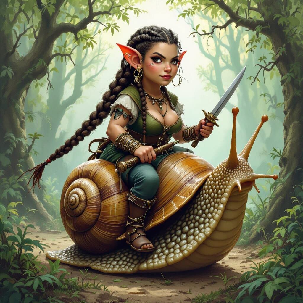 Dwarf Woman Rides Snail in Mystical Forest