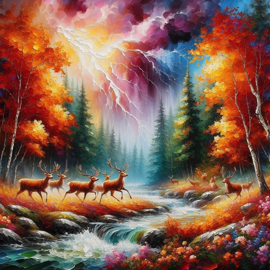 Winter Forest Lightning Storm in Impasto Style