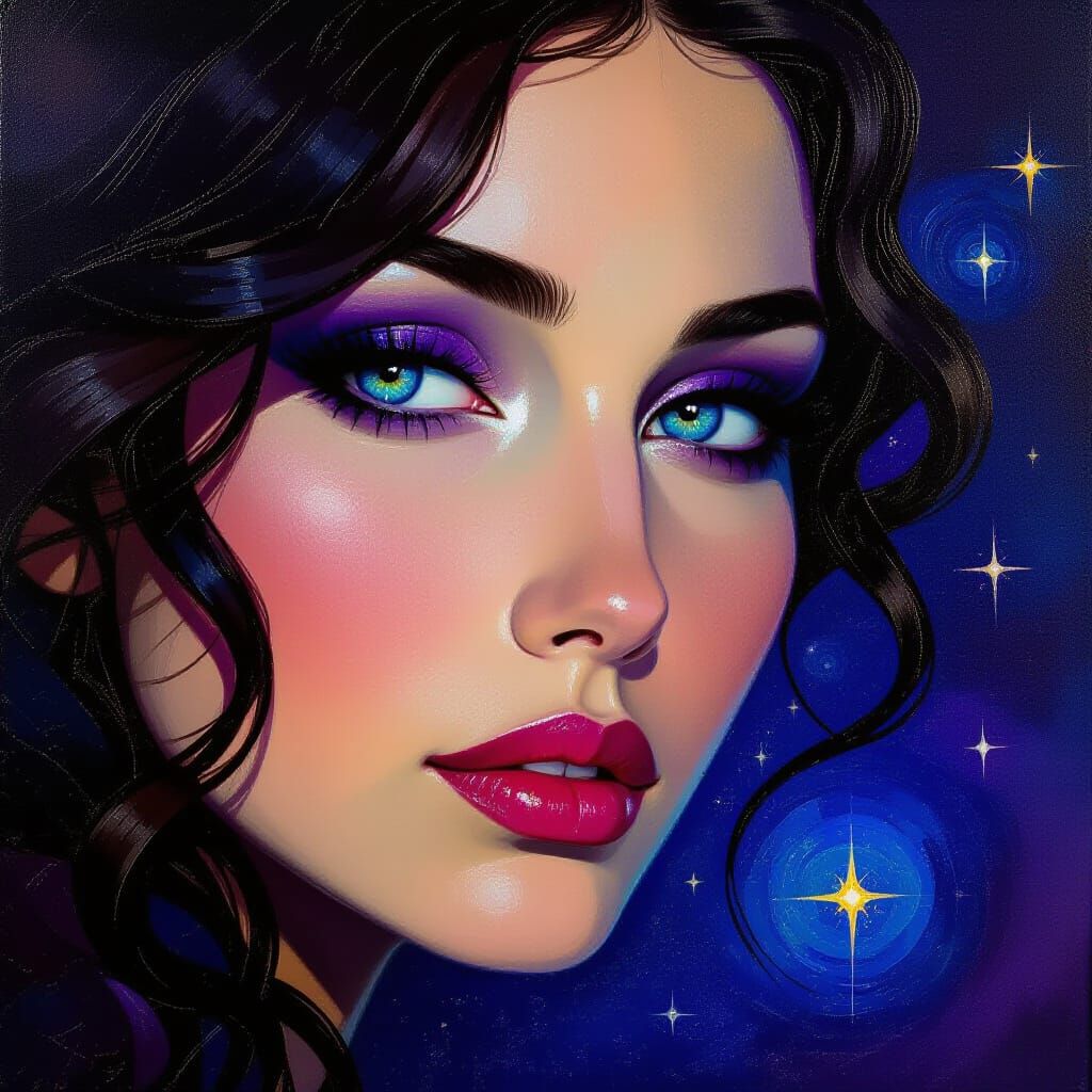 Woman's Mesmerizing Eyes Reflecting Cosmic Landscape in Oil ...